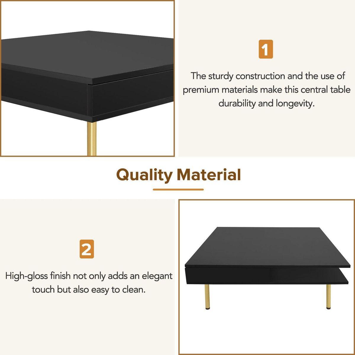 Exquisite High Gloss Coffee Table with 4 Golden Legs and 2 Small Drawers, 2-Tier Square Center Table for Living Room, Black