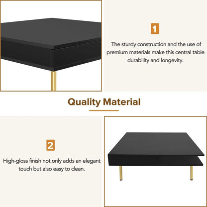 Exquisite High Gloss Coffee Table with 4 Golden Legs and 2 Small Drawers, 2-Tier Square Center Table for Living Room, Black