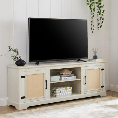 Farmhouse Rattan TV Stand Console Table for TVs up to 70 Inches, TV Console Table with 2 Storage Shelves, 2 Natural Rattan Door Cabinets,65"Wx15.55"Dx23.86"H, White