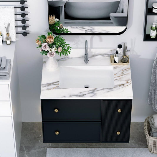 31 Inch Marble Vanity Top, Bathroom Vanity Top with Undermount Rectangular Middle Sink and 4" Height Backsplash, Pre-Drilled Faucet Hole Vanity Top, Carrara white with veins