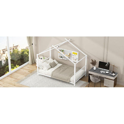 Twin Size Metal House Platform Bed, White