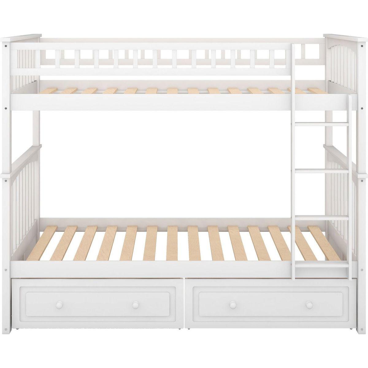 Twin over Twin Bunk Bed with Drawers, Convertible Beds, White