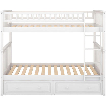 Twin over Twin Bunk Bed with Drawers, Convertible Beds, White