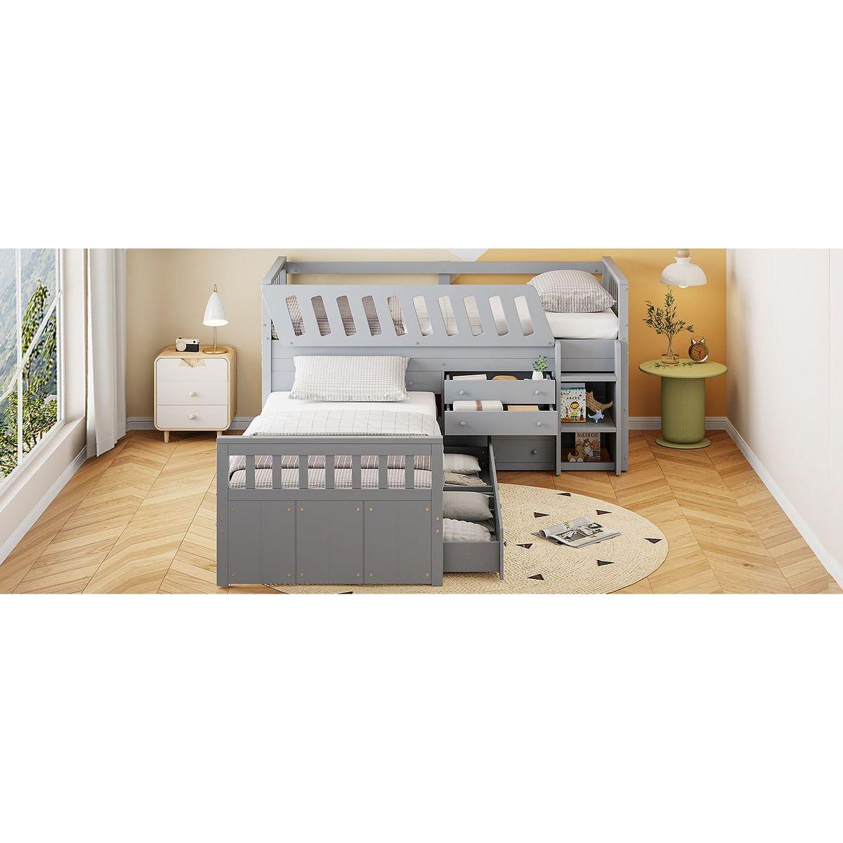 L-shaped Space-Saving Twin Loft and Twin Platform Bed with 7 Drawers and Full Guardrails(GRAY)