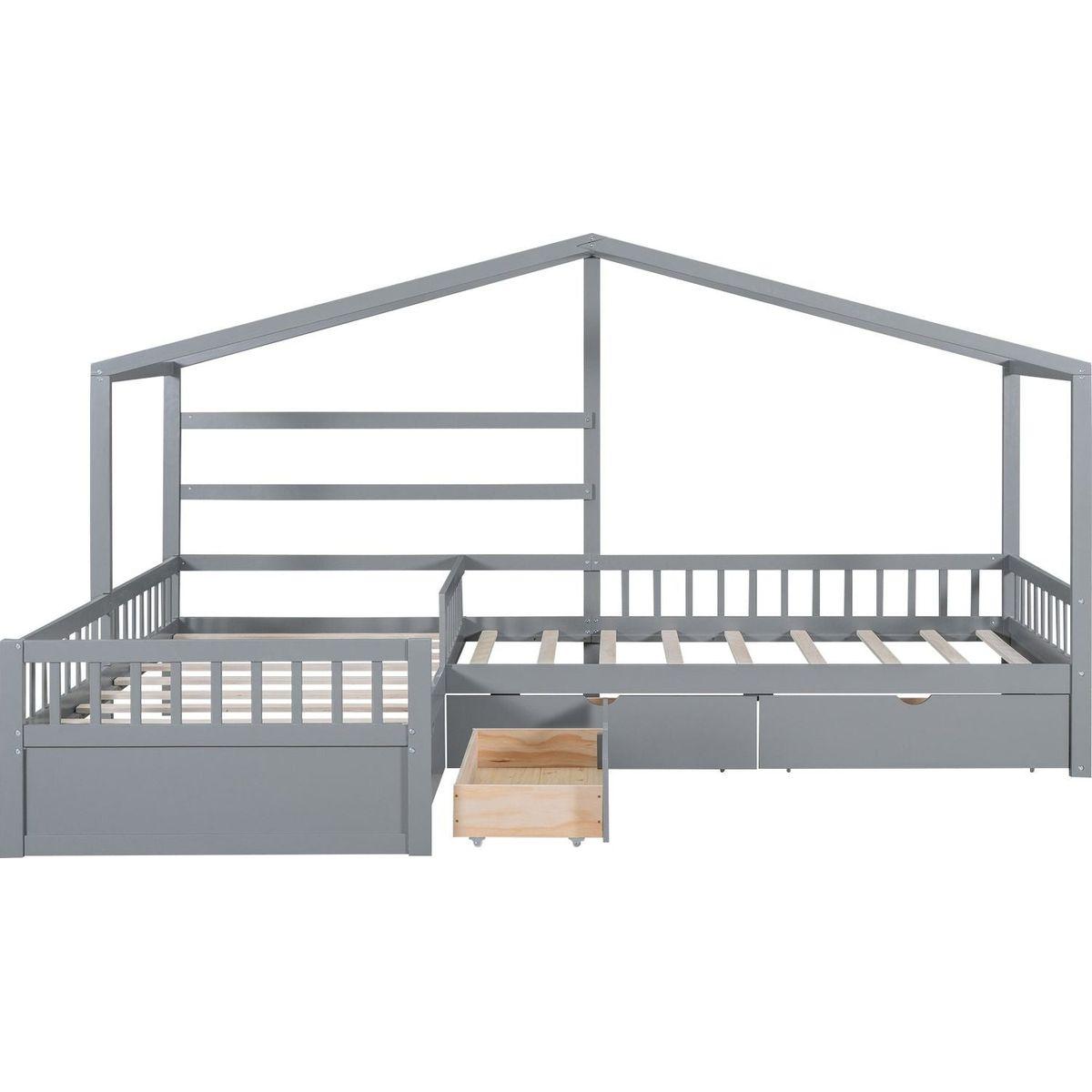Twin Size House Platform Bed with Three Storage Drawers,Gray