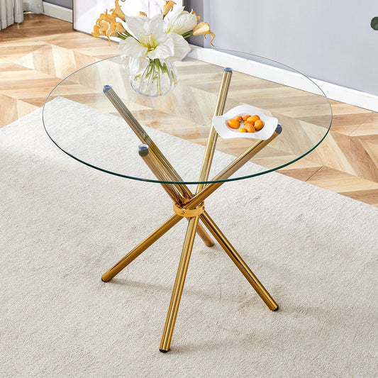 Round clear glass dining table with a unique shape for 4-6 people, with ring-shaped gathered gold metal legs, suitable for desks, kitchens, terraces, dining rooms.