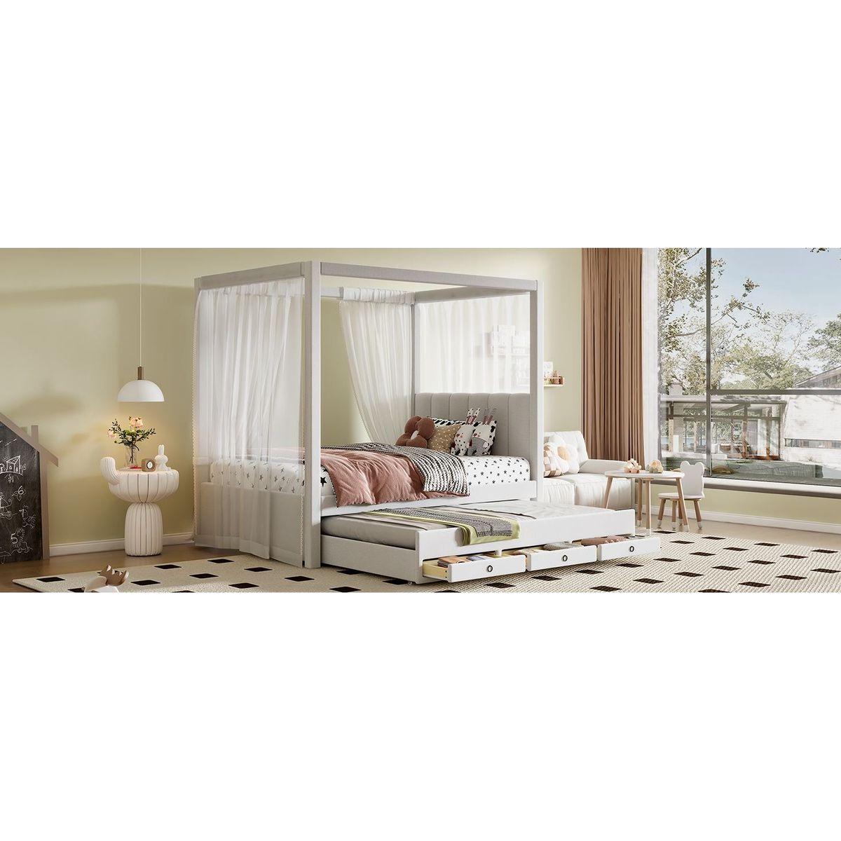 Twin Size Upholstery Canopy Platform Bed with Trundle and Three Storage Drawers, Beige