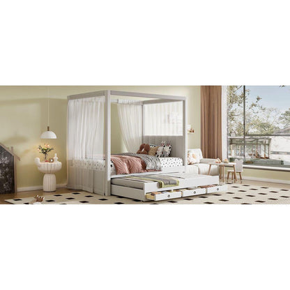 Twin Size Upholstery Canopy Platform Bed with Trundle and Three Storage Drawers, Beige