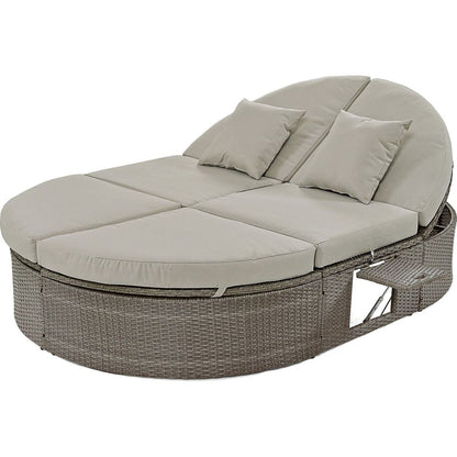 Outdoor Sun Bed Patio 2-Person Daybed with Cushions and Pillows, Rattan Garden Reclining Chaise Lounge with Adjustable Backrests and Foldable Cup Trays for Lawn,Poolside, Gray