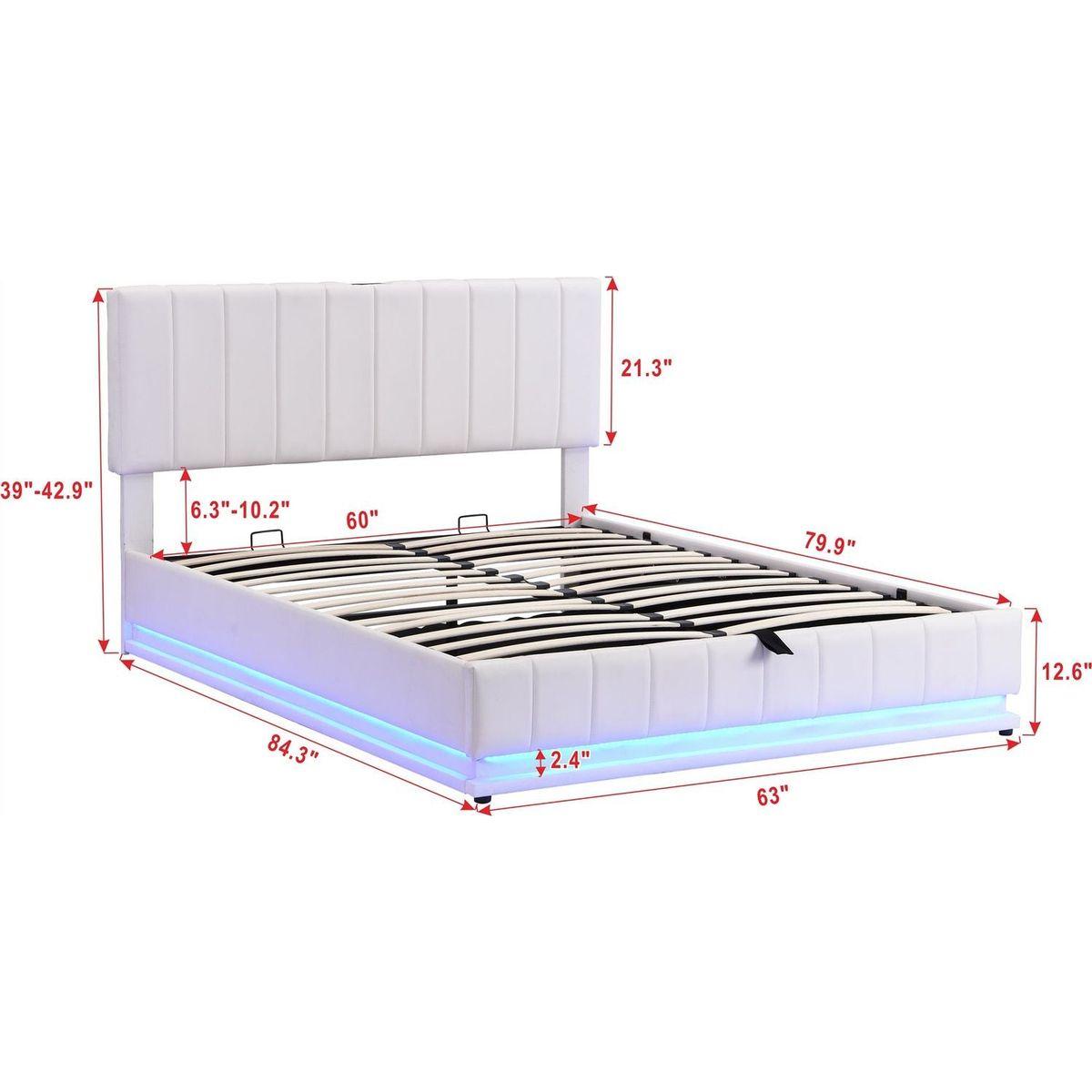 Queen Size Upholstered Bed with Hydraulic Storage System and LED Light, Modern Platform Bed with Sockets and USB Ports, White