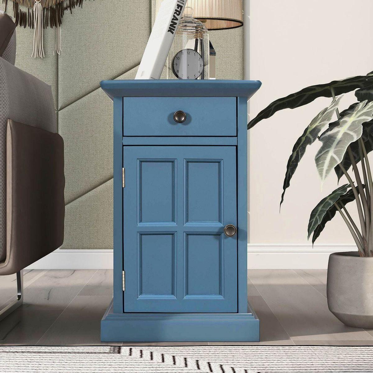 Classic Vintage Livingroom End Table Side Table with USB Ports and One Multifunctional Drawer with cup holders, Antique Navy - Streamdale Furniture