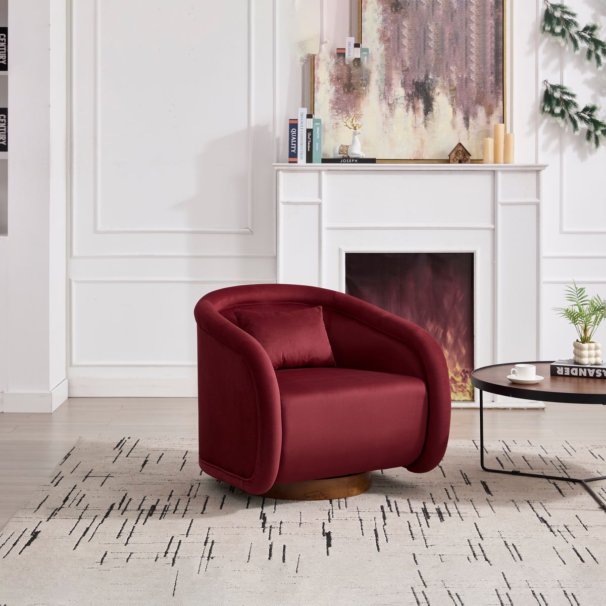 Swivel Accent Chair, 360-degree Swivel Barrel Chair with Velvet Fabric Upholstery, Comfy Pumpkin-Shaped Swivel Chair for Living Room, Bedroom, or Office