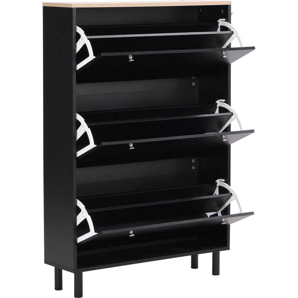 Narrow Design Shoe Cabinet with 3 Flip Drawers, Wood Grain Pattern Top Entryway Organizer with 3 Hooks, Free Standing Shoe Rack with Adjustable Panel for Hallway, Black