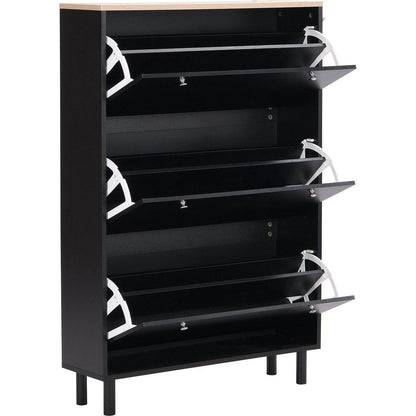 Narrow Design Shoe Cabinet with 3 Flip Drawers, Wood Grain Pattern Top Entryway Organizer with 3 Hooks, Free Standing Shoe Rack with Adjustable Panel for Hallway, Black