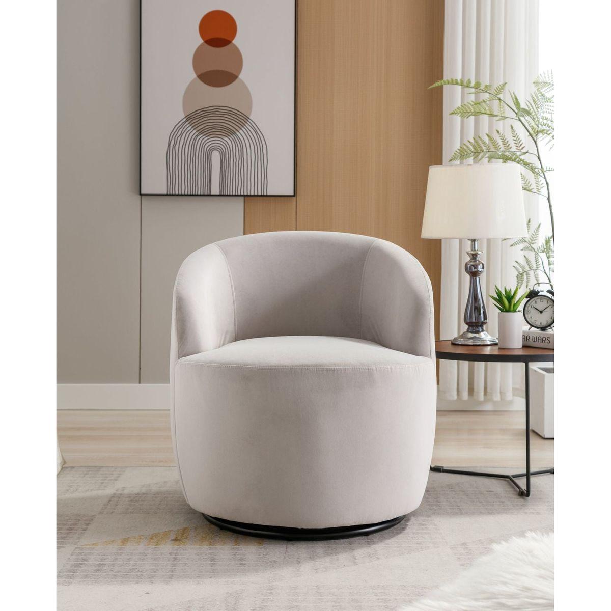 Velvet Fabric Swivel Accent Armchair Barrel Chair With Black Powder Coating Metal Ring,Gray