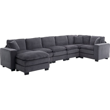 Modern U Shaped 6-seat Sectional Sofa Couch with one Ottoman and three toss pillows, Modular Sofa for Living Room,Corduroy sofa