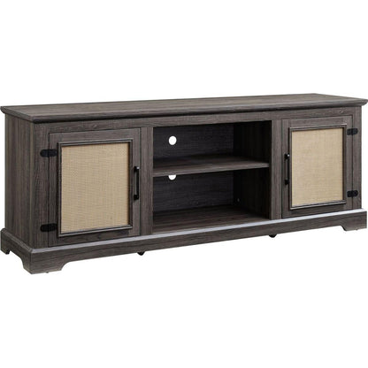 Farmhouse Rattan TV Stand Console Table for TVs up to 70 Inches, TV Console Table with 2 Storage Shelves, 2 Natural Rattan Door Cabinets, 65"Wx15.55"Dx23.86"H, Gray