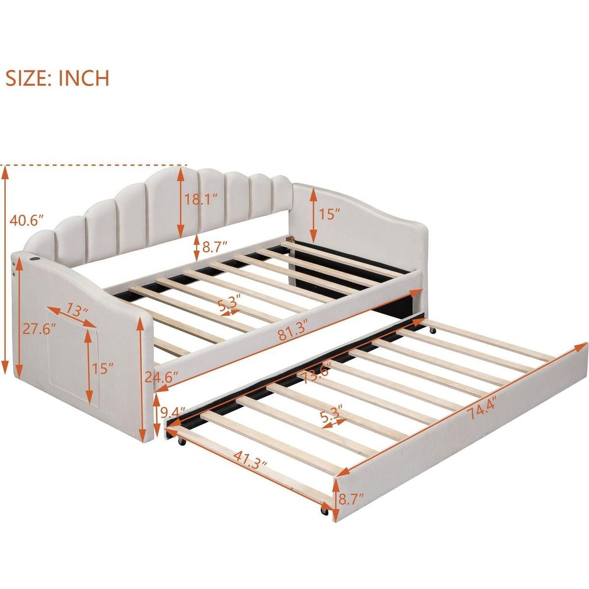 Twin size Upholstered Daybed with Trundle, Velvet Sofabed with USB Charging Ports,No Box-spring Needed,Beige