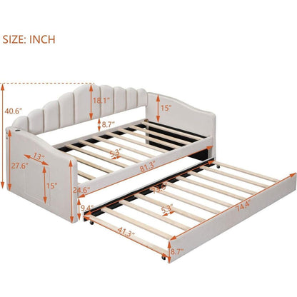 Twin size Upholstered Daybed with Trundle, Velvet Sofabed with USB Charging Ports,No Box-spring Needed,Beige