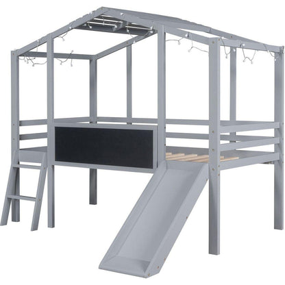 Twin Size Loft Bed with Ladder and Slide, House Bed with Blackboard and Light Strip on the Roof, Gray
