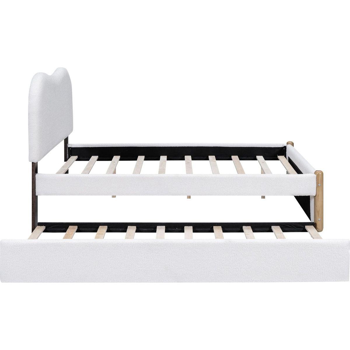 Full Size Upholstered Platform Bed with Wood Supporting Feet and Twin Size Trundle, White