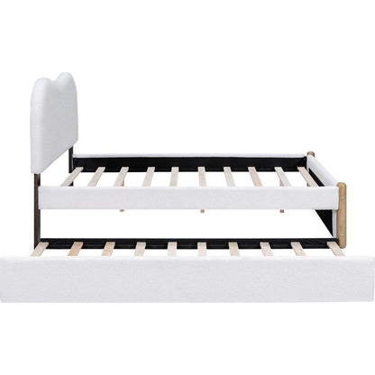 Full Size Upholstered Platform Bed with Wood Supporting Feet and Twin Size Trundle, White