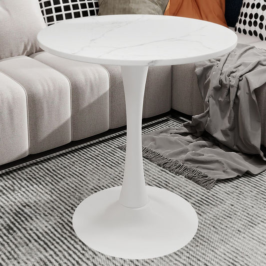 27.6-inch white coffee table, mid-century modern style dining table, suitable for 2-4 people, featuring a round white-veined marble tabletop, perfect for various settings.