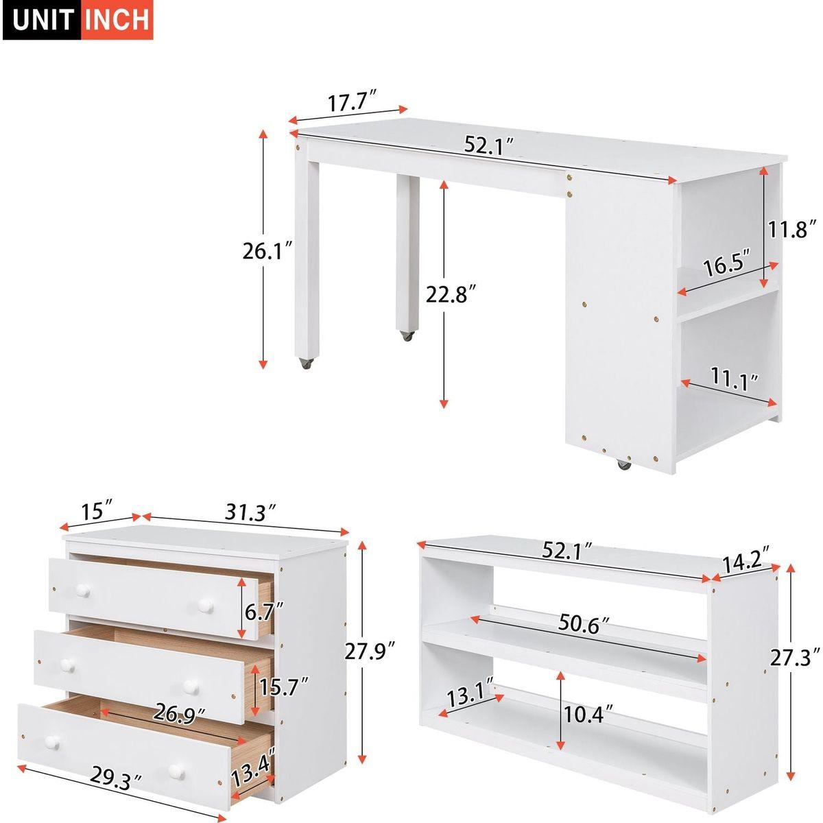 Low Study Full Loft Bed with Cabinet, Shelves and Rolling Portable Desk, Multiple Functions Bed- White