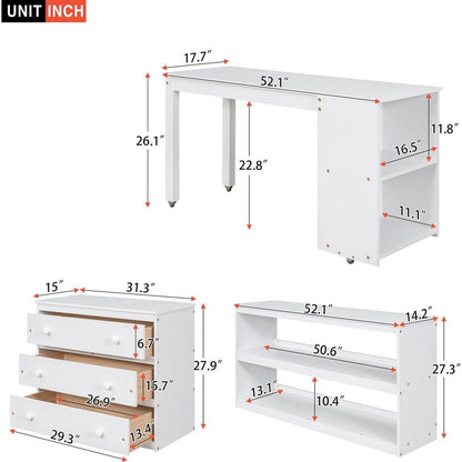Low Study Full Loft Bed with Cabinet, Shelves and Rolling Portable Desk, Multiple Functions Bed- White