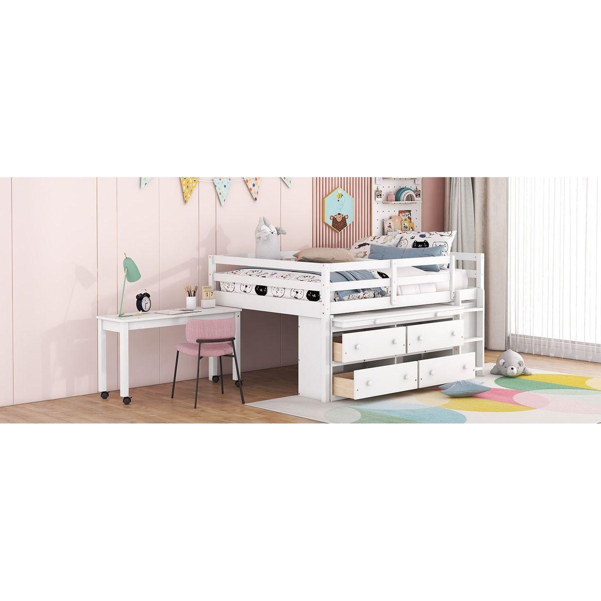 Full Size Loft Bed with Retractable Writing Desk and 4 Drawers, Wooden Loft Bed with Lateral Portable Desk and Shelves, White