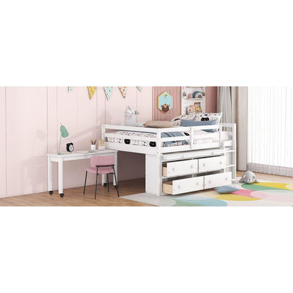 Full Size Loft Bed with Retractable Writing Desk and 4 Drawers, Wooden Loft Bed with Lateral Portable Desk and Shelves, White