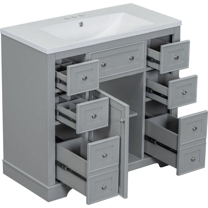 36" Bathroom Vanity with Sink Combo, One Cabinet and Six Drawers, Solid Wood and MDF Board, Grey