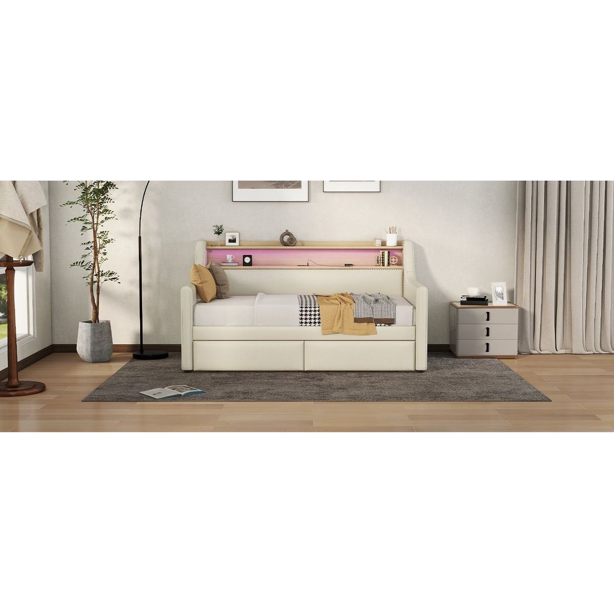Twin Size Daybed with Storage Drawers, Upholstered Daybed with Charging Station and LED Lights, Beige