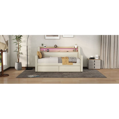 Twin Size Daybed with Storage Drawers, Upholstered Daybed with Charging Station and LED Lights, Beige