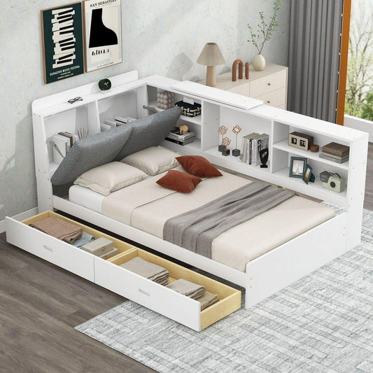 Wood Twin Size platform bed with Storage Headboard, Shelves and 2 Drawers, White