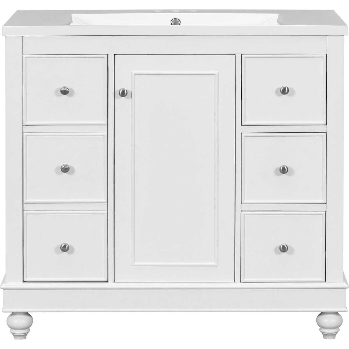 Contemporary White Bathroom Vanity Cabinet - 36x18x34 inches, 4 Drawers & 1 Cabinet Door, Multipurpose Storage, Resin Integrated Sink, Adjustable Shelves, Solid Wood Frame with MDF