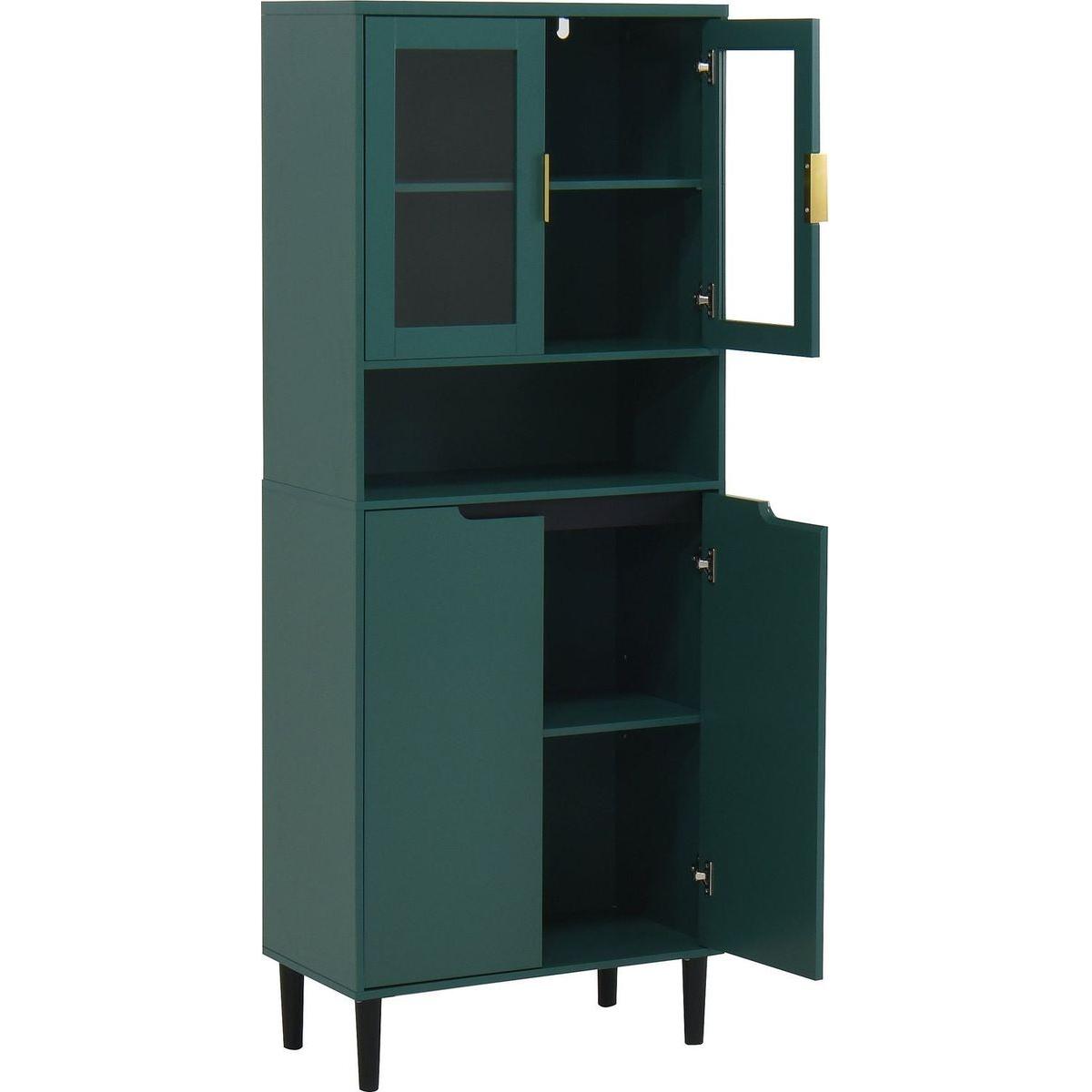 Tall Storage Show Cabinet with 2 Glass Display Door & 2 Doors, Tall Kitchen Pantry Cabinet with Gold Handles, Modern Cabinet Freestanding for Bathroom, Dining Living Room, Green