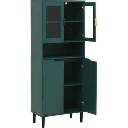 Tall Storage Show Cabinet with 2 Glass Display Door & 2 Doors, Tall Kitchen Pantry Cabinet with Gold Handles, Modern Cabinet Freestanding for Bathroom, Dining Living Room, Green