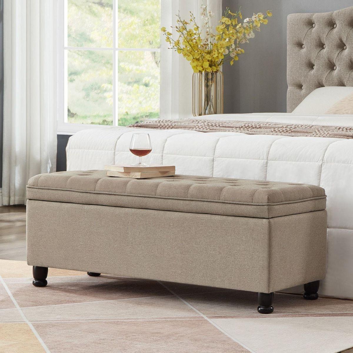 Upholstered tufted button storage bench, Linen fabric entry bench with spindle wooden legs, Bed bench- Linen