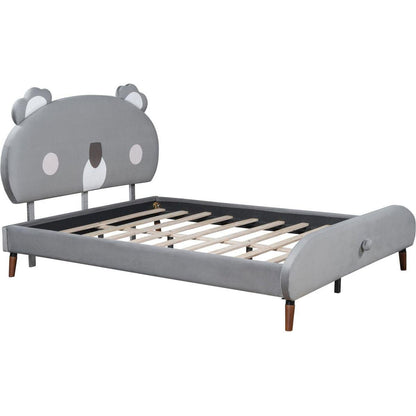 Full Size Upholstered Platform Bed with Koala-Shaped Headboard, Gray