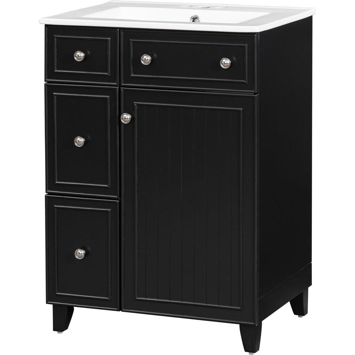 24-Inch Bathroom Vanity Cabinet with Ceramic Sink, 2 Drawers, 1 Door