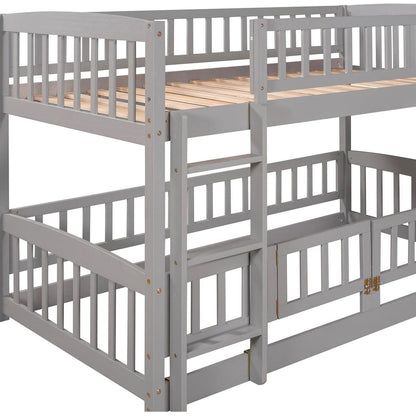 Bunk Bed with Slide,Twin Over Twin Low Bunk Bed with Fence and Ladder for Toddler Kids Teens Grey
