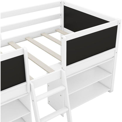 Twin Size Low Loft Bed with Two Movable Shelves and Ladder,with Decorative Guardrail Chalkboard,White