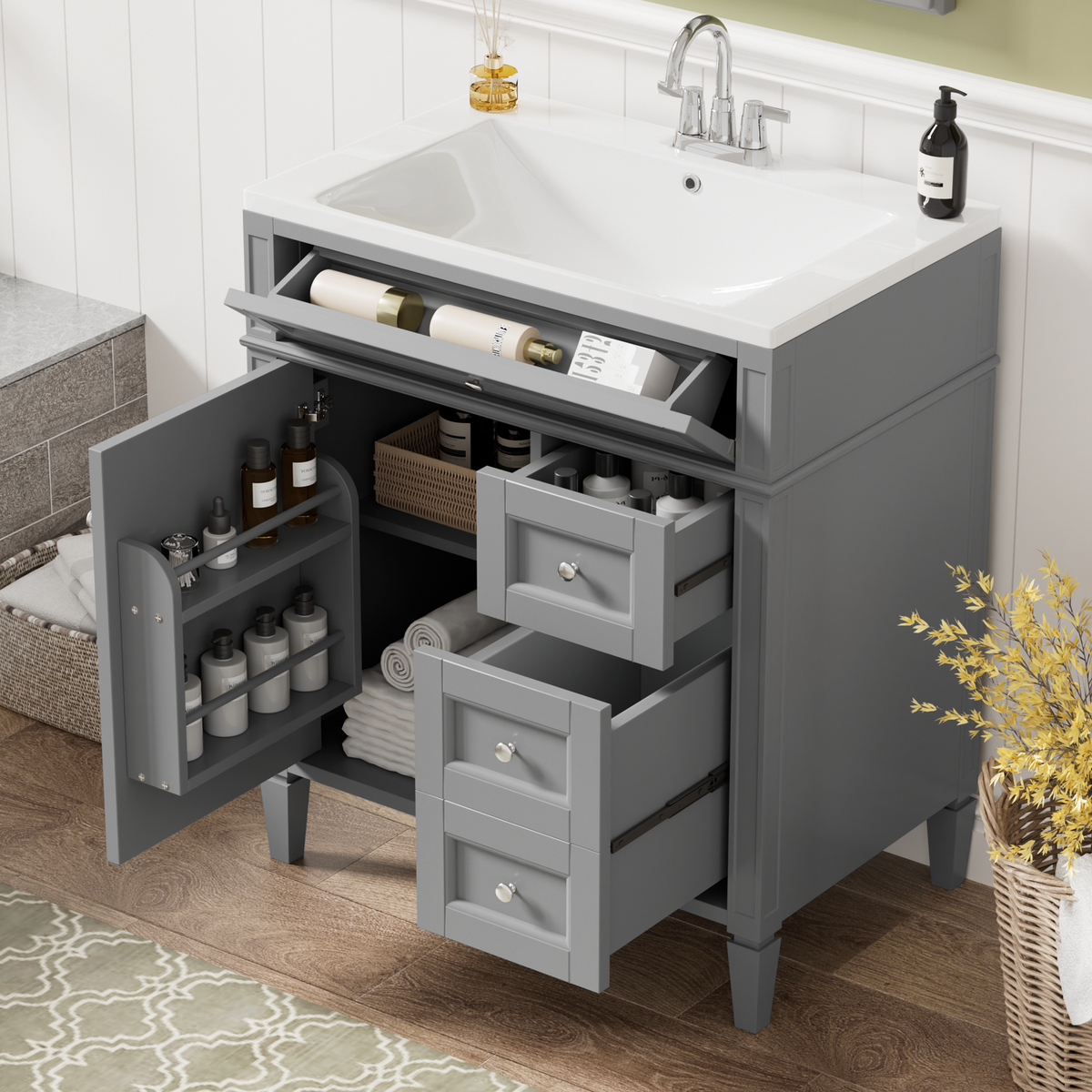 30" Bathroom Vanity with Top Sink, Modern Bathroom Storage Cabinet with 2 Drawers and a Tip-out Drawer, Single Sink Bathroom Vanity