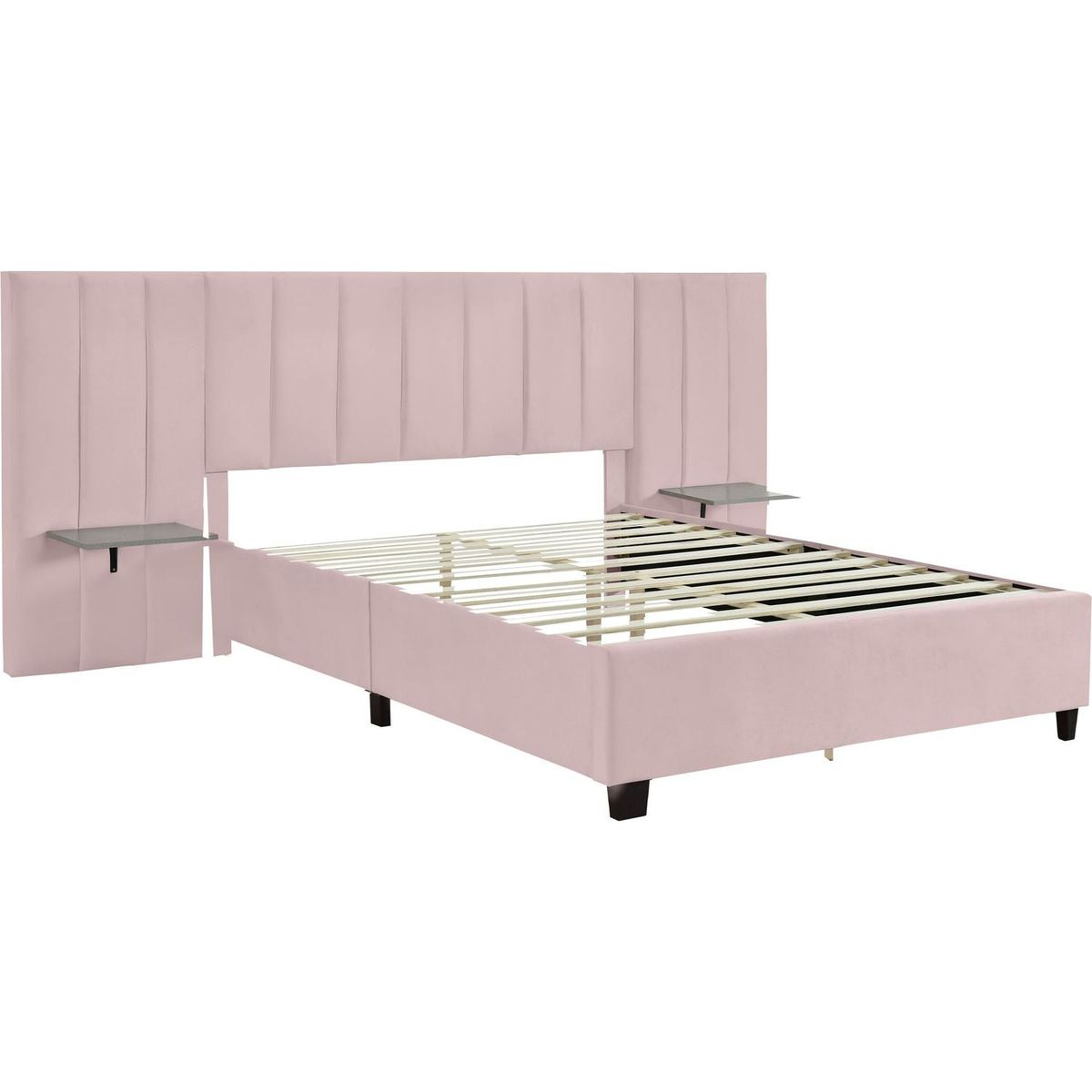 Queen Size Upholstered Platform Bed with Big Headboard, Bedroom Furniture, Velvet, Pink
