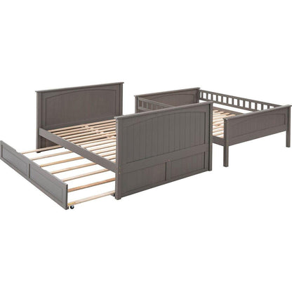 Full Over Full Bunk Bed with Twin Size Trundle, Pine Wood Bunk Bed with Guardrails, Brushed Gray