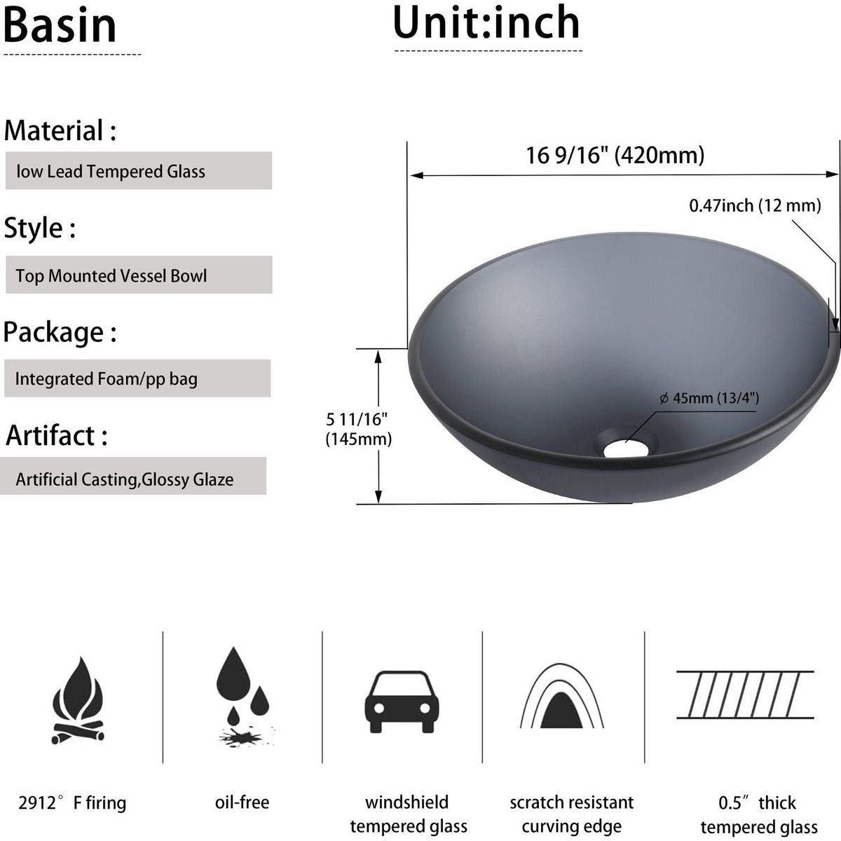 Tempered Glass Matte Bathroom Vessel Sink, Round Bathroom Basin (Tempered Glass Matt Gray)