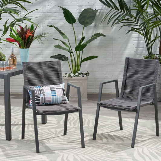 Outdoor Modern Aluminum Dining Chair with Rope Seat (Set of 2), Gray and Dark Gray
