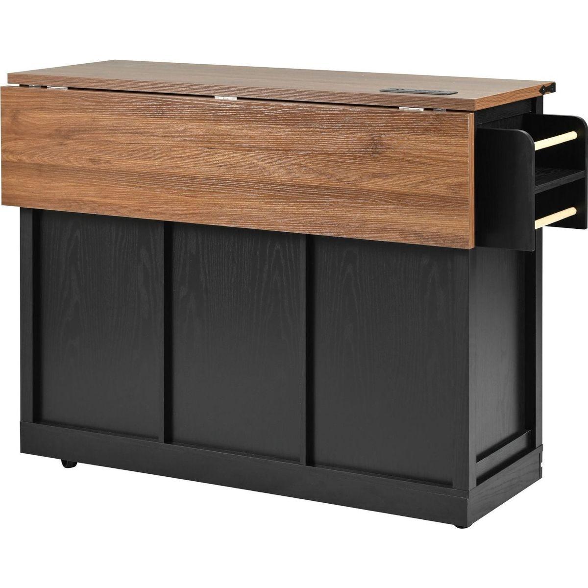 53.7" Farmhouse Kitchen Island with Power Outlet, 2 Sliding Barn Door Kitchen Storage Island with Drop Leaf, Spice Rack Rolling Kitchen Cart on Wheels, for Home, Kitchen and Dining Room, Black