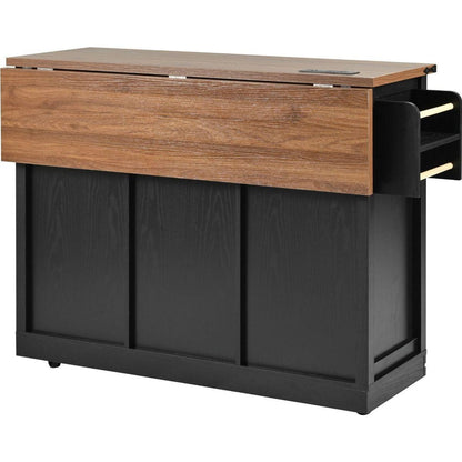 53.7" Farmhouse Kitchen Island with Power Outlet, 2 Sliding Barn Door Kitchen Storage Island with Drop Leaf, Spice Rack Rolling Kitchen Cart on Wheels, for Home, Kitchen and Dining Room, Black